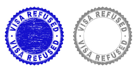 Grunge VISA REFUSED stamp seals isolated on a white background. Rosette seals with grunge texture in blue and grey colors. Vector rubber watermark of VISA REFUSED text inside round rosette.