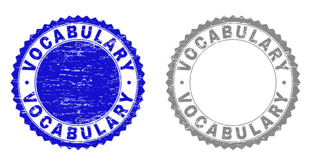 Obraz premium Grunge VOCABULARY stamp seals isolated on a white background. Rosette seals with grunge texture in blue and gray colors. Vector rubber stamp imprint of VOCABULARY text inside round rosette.