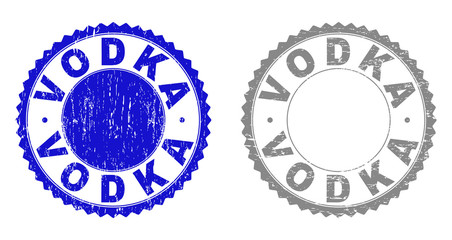 Grunge VODKA stamp seals isolated on a white background. Rosette seals with distress texture in blue and gray colors. Vector rubber stamp imitation of VODKA caption inside round rosette.