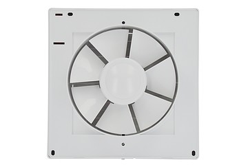 Rear side of axial fan used for ventilation of interiors, especially baths and toilettes, white background