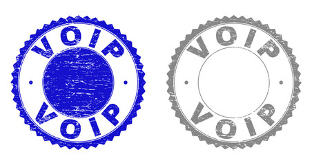 Grunge VOIP stamp seals isolated on a white background. Rosette seals with grunge texture in blue and grey colors. Vector rubber stamp imitation of VOIP label inside round rosette.