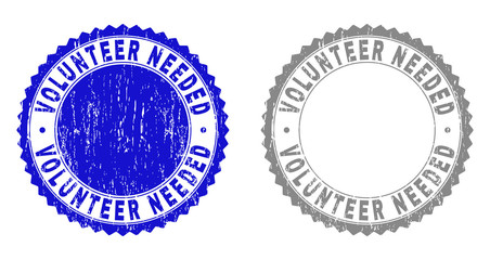Grunge VOLUNTEER NEEDED stamp seals isolated on a white background. Rosette seals with grunge texture in blue and grey colors.
