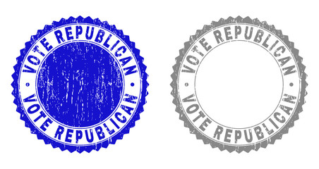 Grunge VOTE REPUBLICAN stamp seals isolated on a white background. Rosette seals with grunge texture in blue and grey colors. Vector rubber stamp imprint of VOTE REPUBLICAN title inside round rosette.