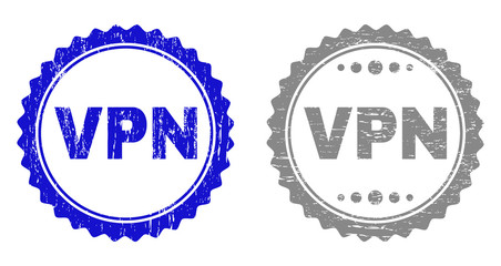 Grunge VPN stamp seals isolated on a white background. Rosette seals with distress texture in blue and grey colors. Vector rubber stamp imprint of VPN caption inside round rosette.