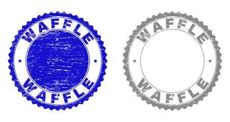 Grunge WAFFLE stamp seals isolated on a white background. Rosette seals with grunge texture in blue and gray colors. Vector rubber watermark of WAFFLE text inside round rosette.