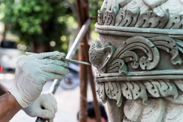 Close up to Stucco for Hand works of Artist in workshop of Thailand. Working about the Stucco Sculpture in Thailand is the one of Asia.