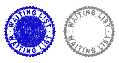 Grunge WAITING LIST stamp seals isolated on a white background. Rosette seals with grunge texture in blue and grey colors. Vector rubber stamp imprint of WAITING LIST tag inside round rosette.
