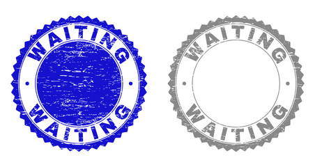 Grunge WAITING stamp seals isolated on a white background. Rosette seals with grunge texture in blue and gray colors. Vector rubber overlay of WAITING tag inside round rosette.