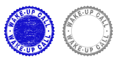 Grunge WAKE-UP CALL stamp seals isolated on a white background. Rosette seals with grunge texture in blue and grey colors. Vector rubber stamp imitation of WAKE-UP CALL label inside round rosette.