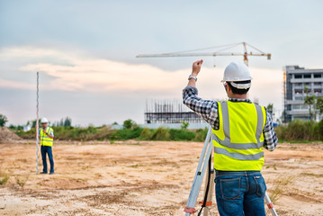 Surveyor equipment. Surveyor’s telescope at construction site or Surveying for making contour...