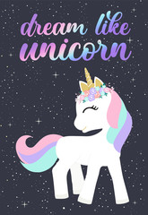 Fototapeta premium Cute magical unicorn. Handwritten lettering Unicorn Be like unicorn. Unicorn party, Birthday. Hand drawing illustration for children