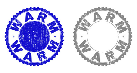 Grunge WARM stamp seals isolated on a white background. Rosette seals with grunge texture in blue and grey colors. Vector rubber stamp imitation of WARM tag inside round rosette.