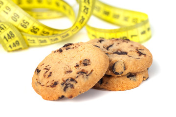 Chocolate Chip Cookie  with Measuring Tape Isolated on White, Diet Concept