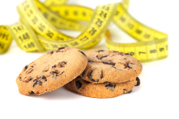 Chocolate Chip Cookie  with Measuring Tape Isolated on White, Diet Concept
