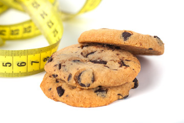 Chocolate Chip Cookie  with Measuring Tape Isolated on White, Diet Concept