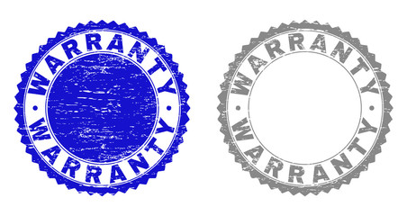 Obraz premium Grunge WARRANTY watermarks isolated on a white background. Rosette seals with grunge texture in blue and gray colors. Vector rubber stamp imprint of WARRANTY text inside round rosette.