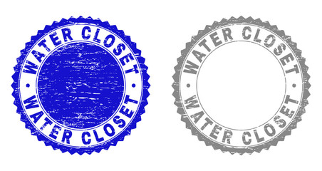 Grunge WATER CLOSET stamp seals isolated on a white background. Rosette seals with grunge texture in blue and gray colors. Vector rubber watermark of WATER CLOSET title inside round rosette.