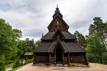 Facade of Gol Stave Church (Gol Stavkyrkje)  a typical Norwegian church at  Norwegian Museum of Cultural History, Oslo, Norway © Francesco Bonino