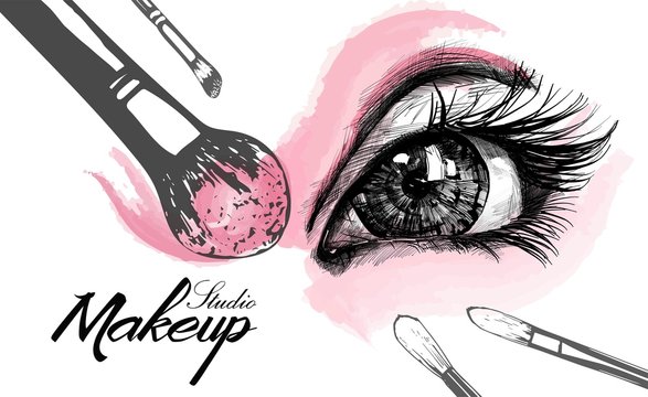 Vector hand drawn illustration of colorful women eye and makeup brushes. Concept for beauty salon, cosmetics label, cosmetology procedures, visage and makeup.