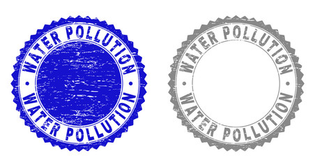 Grunge WATER POLLUTION stamp seals isolated on a white background. Rosette seals with distress texture in blue and gray colors.