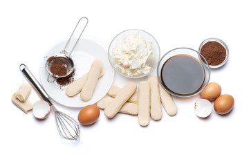 frame made of Ingredients for making traditional Italian dessert Tiramisu