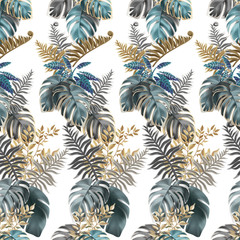 Fototapeta premium Seamless background dark leaves of tropical exotic plants. Pattern jungle with palm trees and lianas. Vector 3d illustration.