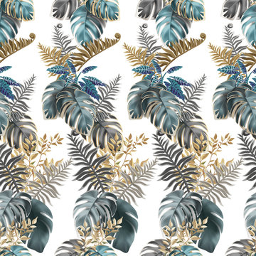 Seamless background dark leaves of tropical exotic plants. Pattern jungle with palm trees and lianas. Vector 3d illustration. © valadzionakvolha