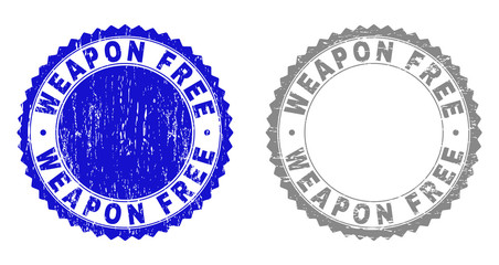 Obraz premium Grunge WEAPON FREE stamp seals isolated on a white background. Rosette seals with grunge texture in blue and grey colors. Vector rubber watermark of WEAPON FREE caption inside round rosette.