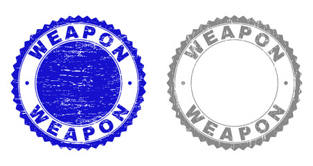 Obraz premium Grunge WEAPON stamp seals isolated on a white background. Rosette seals with grunge texture in blue and gray colors. Vector rubber stamp imprint of WEAPON title inside round rosette.