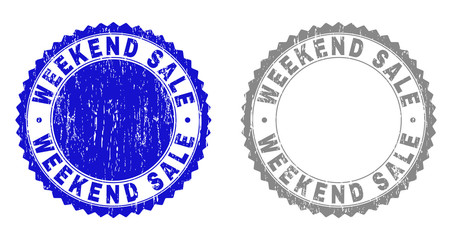 Grunge WEEKEND SALE stamp seals isolated on a white background. Rosette seals with grunge texture in blue and grey colors. Vector rubber stamp imitation of WEEKEND SALE tag inside round rosette.