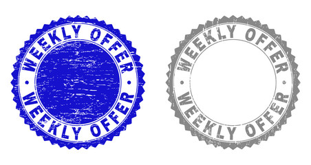 Grunge WEEKLY OFFER stamp seals isolated on a white background. Rosette seals with grunge texture in blue and gray colors. Vector rubber watermark of WEEKLY OFFER tag inside round rosette.