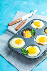  Portioned casserole from bacon sowbelly and eggs in Italian style