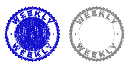 Grunge WEEKLY stamp seals isolated on a white background. Rosette seals with grunge texture in blue and grey colors. Vector rubber stamp imitation of WEEKLY title inside round rosette.