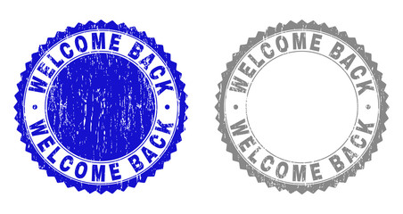 Grunge WELCOME BACK stamp seals isolated on a white background. Rosette seals with grunge texture in blue and grey colors. Vector rubber watermark of WELCOME BACK caption inside round rosette.