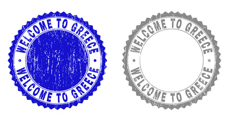 Obraz premium Grunge WELCOME TO GREECE stamp seals isolated on a white background. Rosette seals with grunge texture in blue and grey colors.