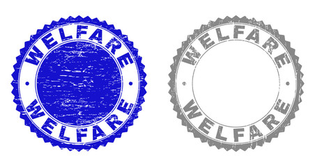 Obraz premium Grunge WELFARE stamp seals isolated on a white background. Rosette seals with grunge texture in blue and gray colors. Vector rubber overlay of WELFARE label inside round rosette.