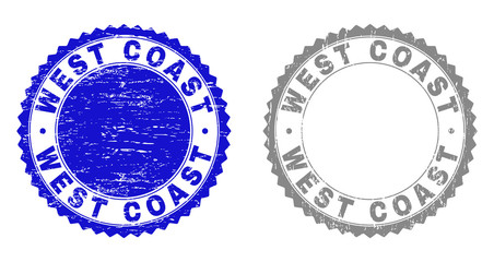 Grunge WEST COAST stamp seals isolated on a white background. Rosette seals with grunge texture in blue and gray colors. Vector rubber overlay of WEST COAST label inside round rosette.