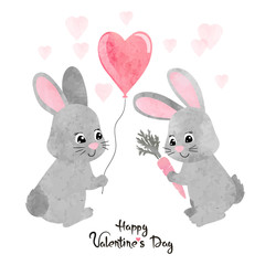 Aquarel schattige konijntjes verliefd. Valentijnsdag kaart ontwerp.