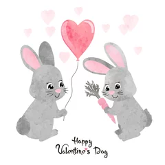 Foto op geborsteld aluminium Schattige konijntjes Aquarel schattige konijntjes verliefd. Valentijnsdag kaart ontwerp.