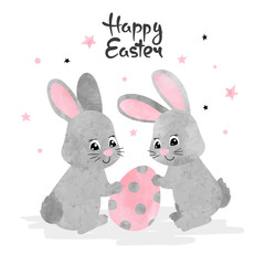 Easter card with cute watercolor bunnies. Vector poster.