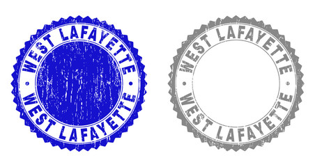 Grunge WEST LAFAYETTE stamp seals isolated on a white background. Rosette seals with grunge texture in blue and gray colors. Vector rubber overlay of WEST LAFAYETTE caption inside round rosette.