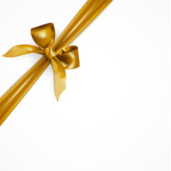 Beautiful realistic festive diagonal golden bow or ribbon tied at the corner isolated on white background.