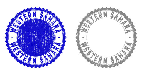 Grunge WESTERN SAHARA stamp seals isolated on a white background. Rosette seals with distress texture in blue and grey colors. Vector rubber stamp imprint of WESTERN SAHARA title inside round rosette.