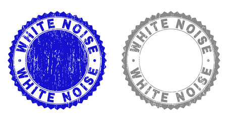 Grunge WHITE NOISE stamp seals isolated on a white background. Rosette seals with grunge texture in blue and grey colors. Vector rubber stamp imitation of WHITE NOISE caption inside round rosette.