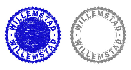 Grunge WILLEMSTAD stamp seals isolated on a white background. Rosette seals with distress texture in blue and gray colors. Vector rubber stamp imprint of WILLEMSTAD tag inside round rosette.