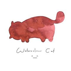 Watercolour red cat isolated on white background. Cute simple animal hand drawn. Illustration style. Sign or symbol of a kitten. Paint element. Watercolor happy pet. Kids image.