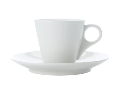 White blank empty coffee cup and saucer isolated on white background. Side view.