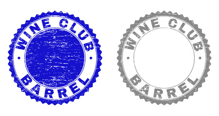 Obraz premium Grunge WINE CLUB BARREL stamp seals isolated on a white background. Rosette seals with grunge texture in blue and grey colors. Vector rubber stamp imprint of WINE CLUB BARREL tag inside round rosette.