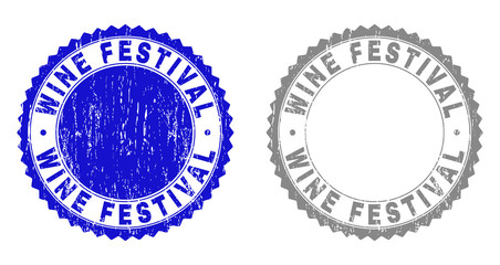 Grunge WINE FESTIVAL stamp seals isolated on a white background. Rosette seals with grunge texture in blue and grey colors. Vector rubber stamp imitation of WINE FESTIVAL text inside round rosette.