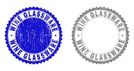 Grunge WINE GLASSWARE stamp seals isolated on a white background. Rosette seals with grunge texture in blue and gray colors.
